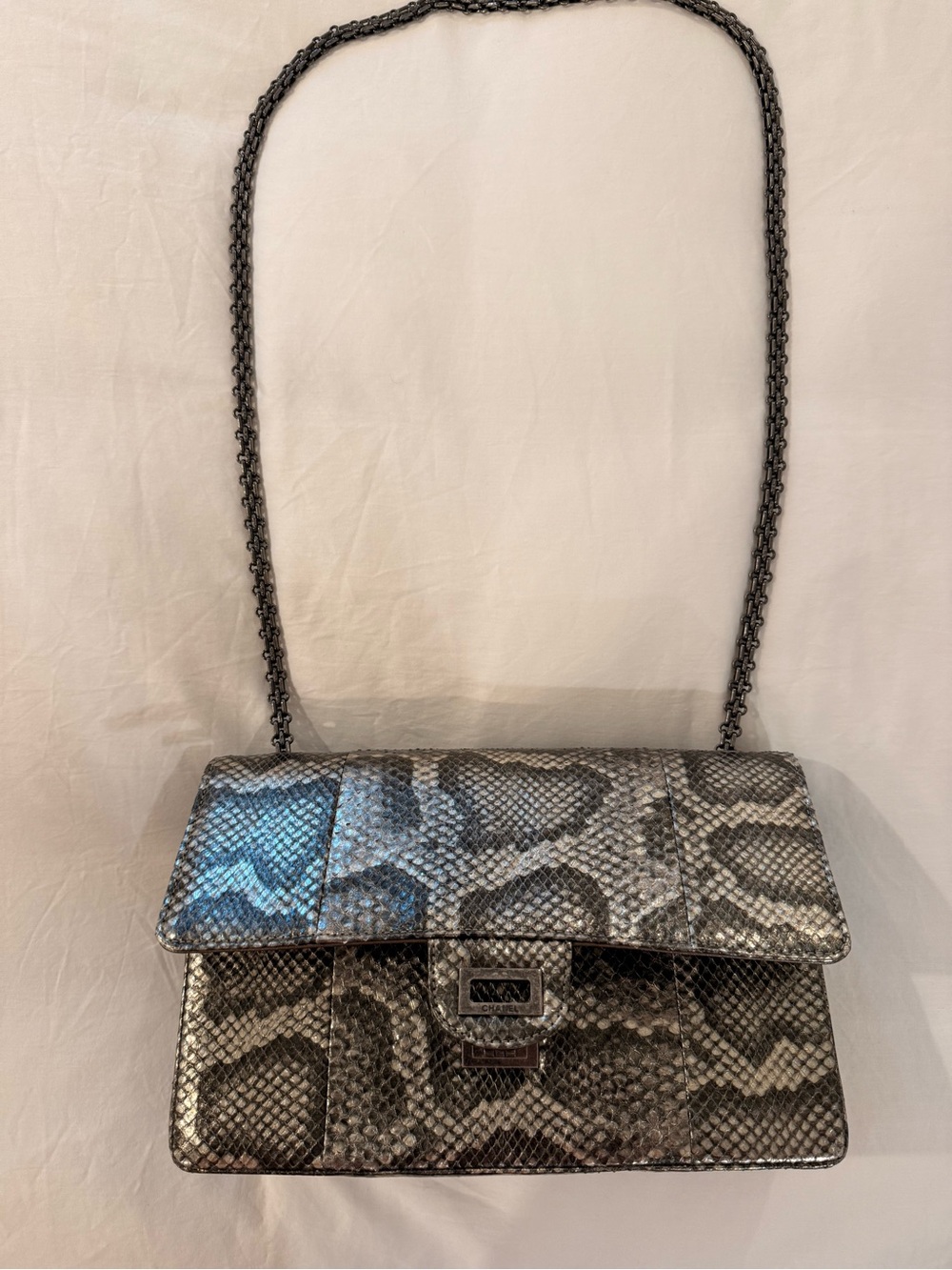 CHANEL Metallic Silver Python Crossbody Bag